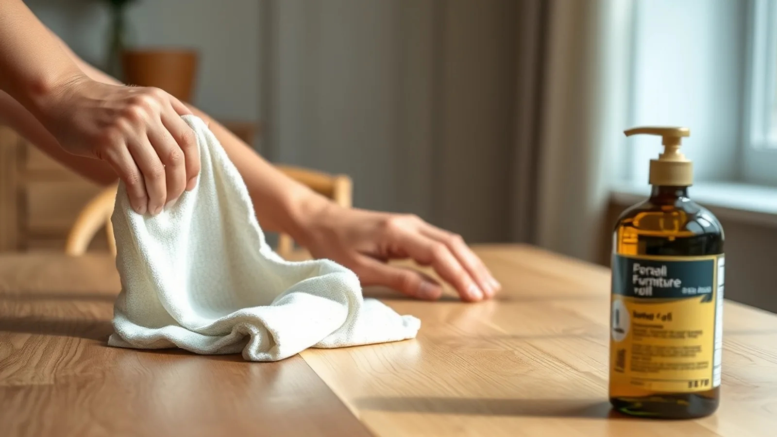 Hands wiping a wooden dining table with a cloth and a bottle of furniture oil nearby