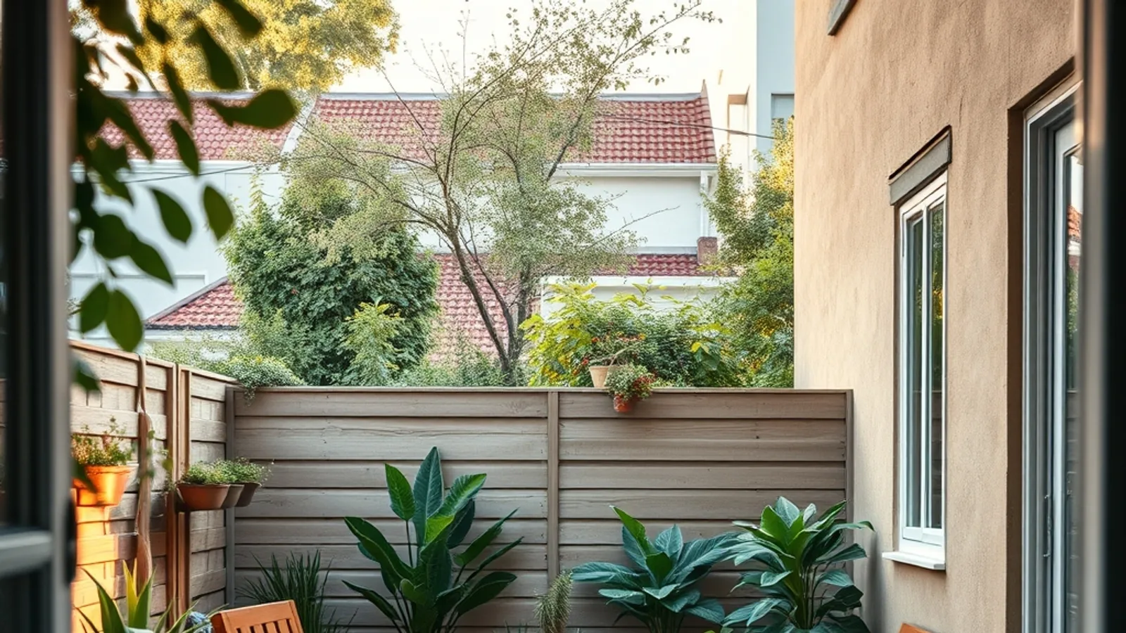 Small backyard patio with potted plants, wooden furniture, and warm evening light
