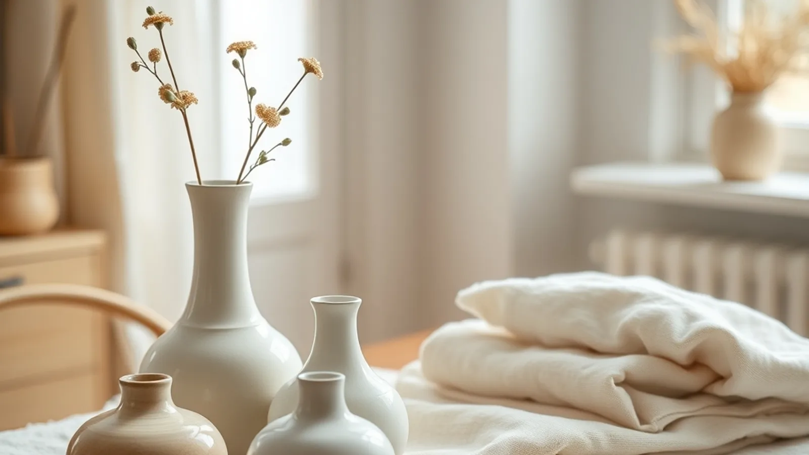 Flat lay of home goods — ceramic vases, linen textiles, and a measuring tape on a table