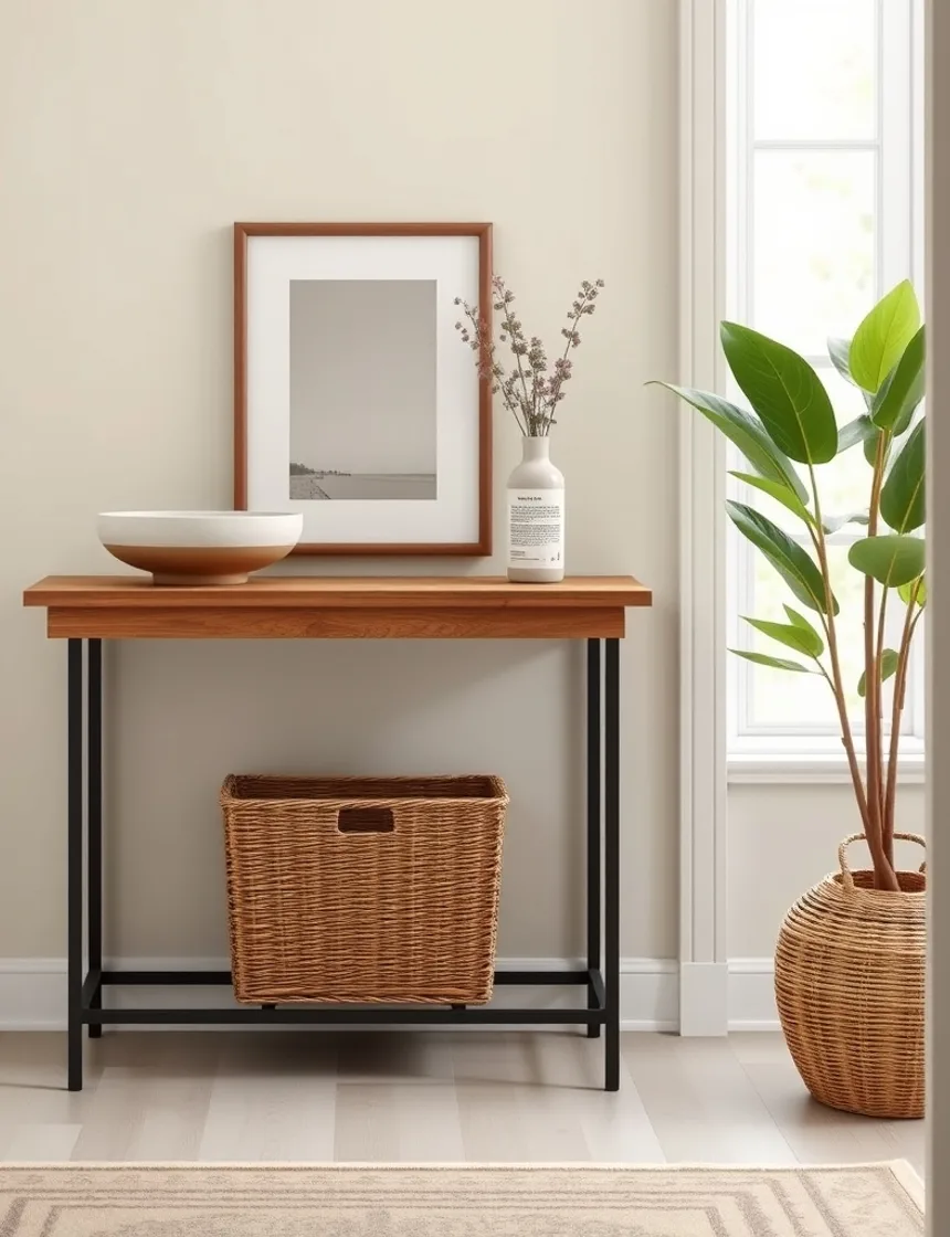 Entryway console with a ceramic bowl, framed print, and a woven basket underneath