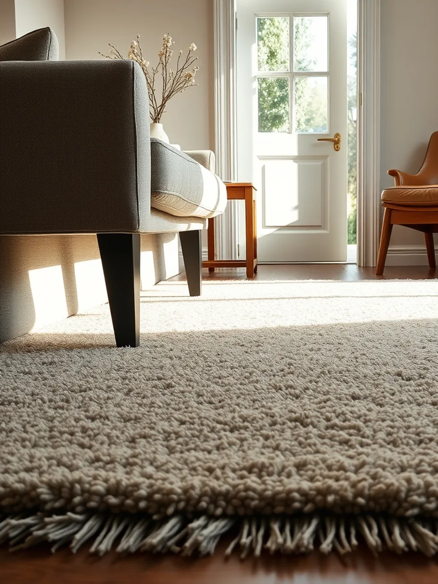Low-pile wool area rug in a warm neutral tone under a sofa and armchair in a bright living room