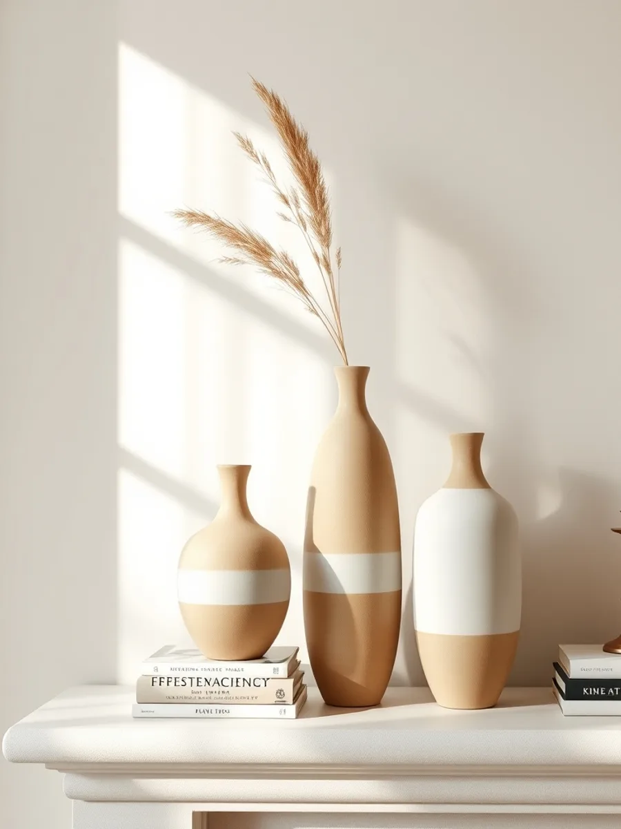 Three matte stoneware vases in oatmeal and chalk white at staggered heights on a plaster mantel beside a stack of art books