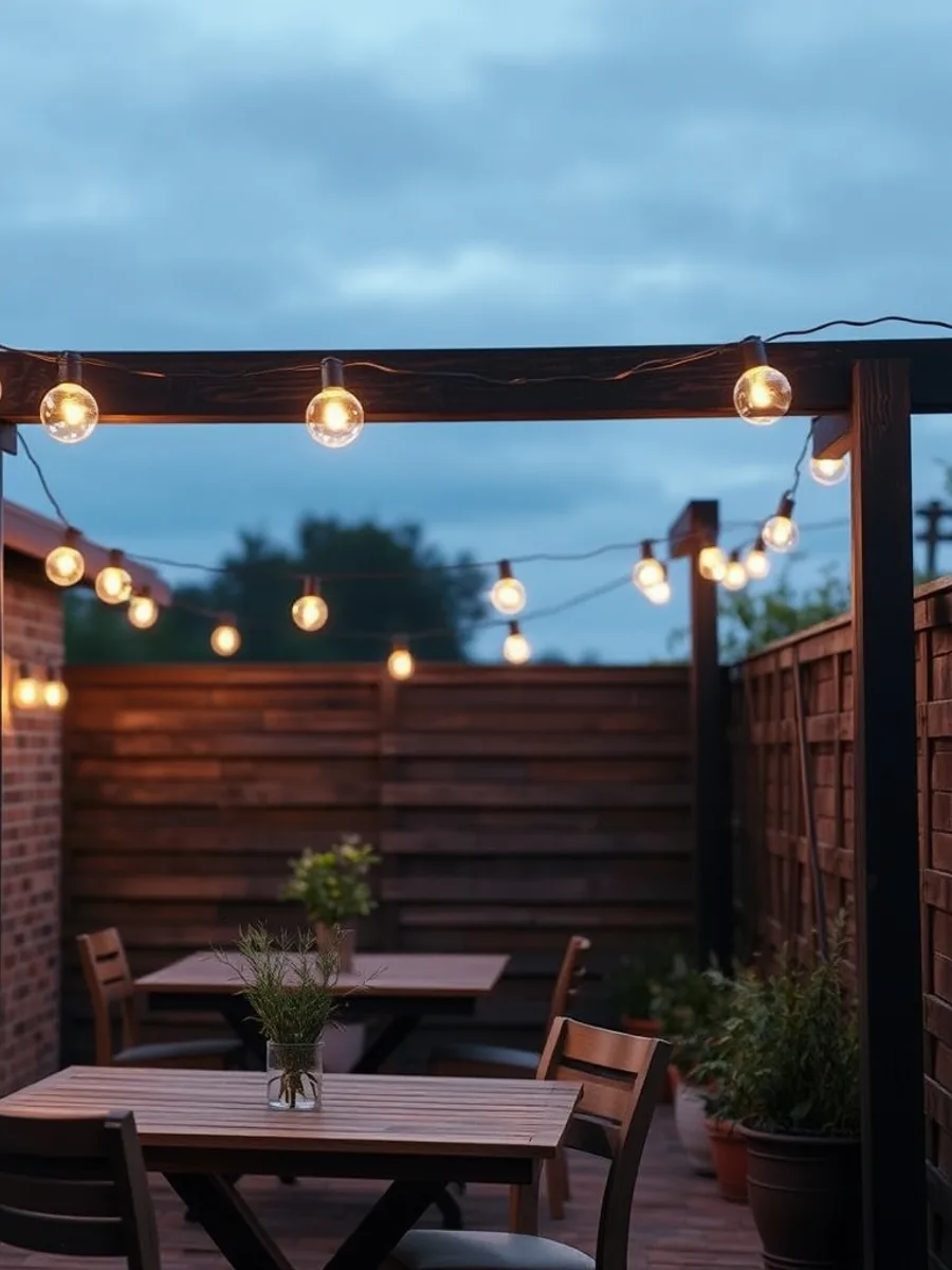 Warm globe string lights strung between wooden posts above a small patio with a dining table at dusk