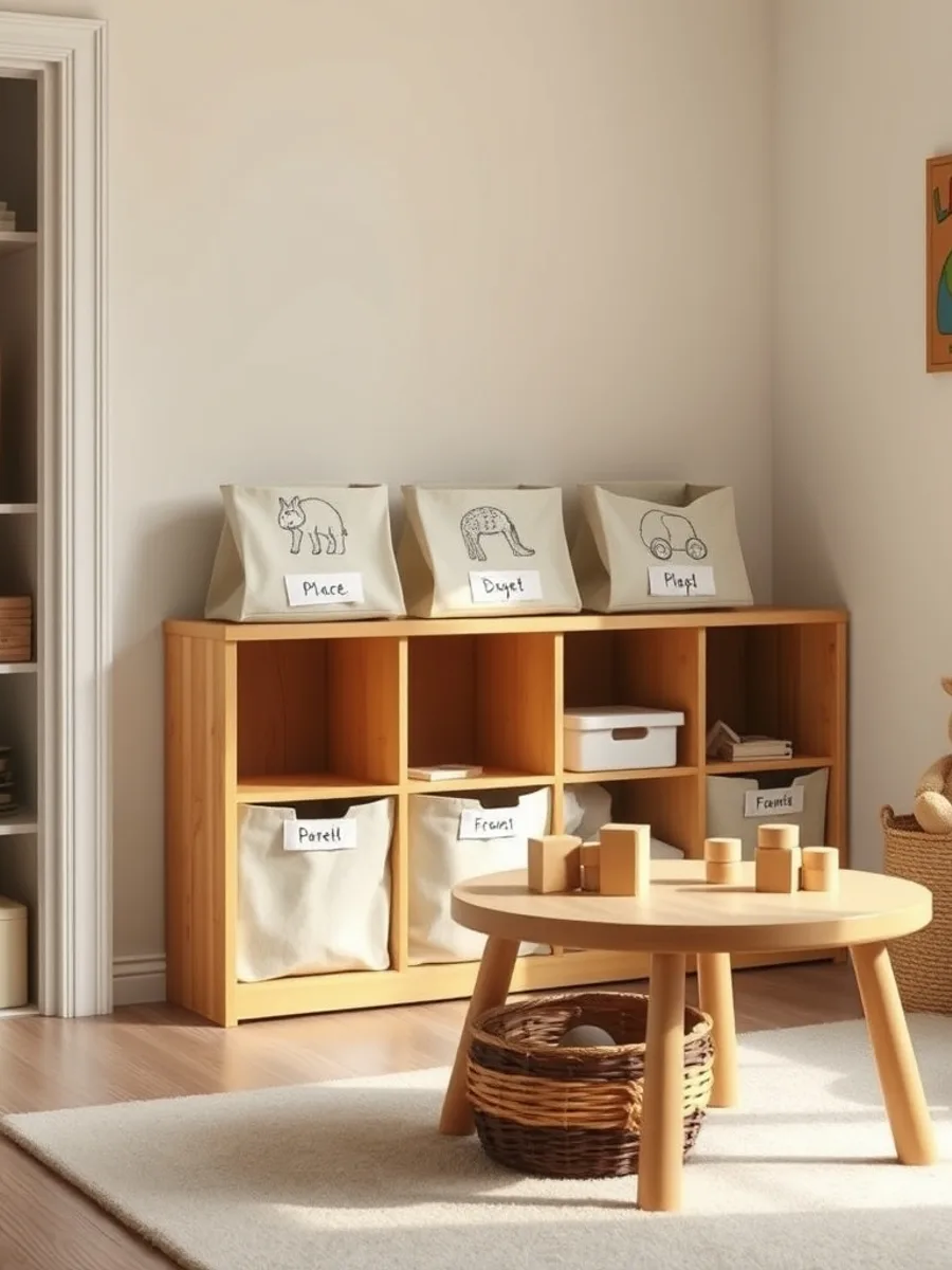 Playroom with a low wooden cubby shelf holding open fabric bins, picture labels on the front, and a small table with wooden toys