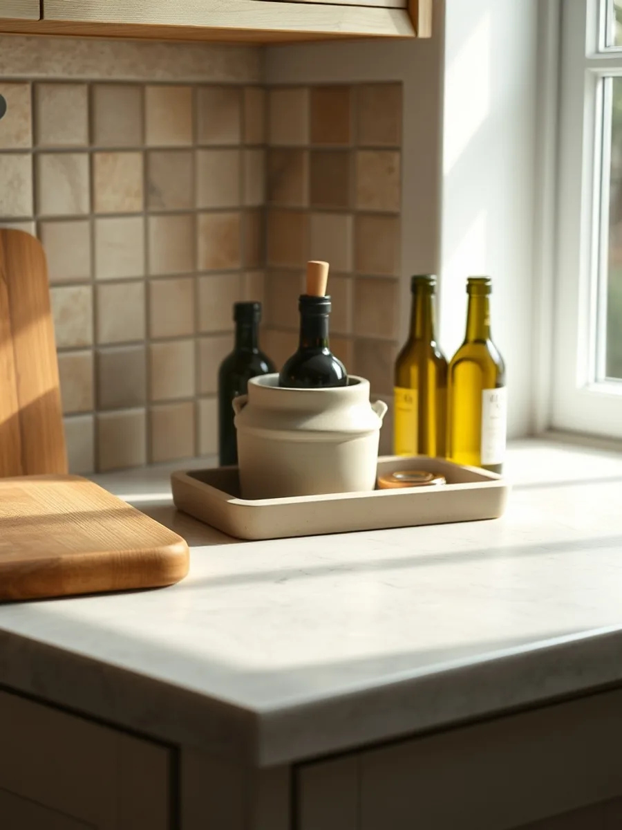 Close-up of a pale stone countertop with a wooden board, a stoneware utensil crock and a small tray of oil bottles against a tiled wall.