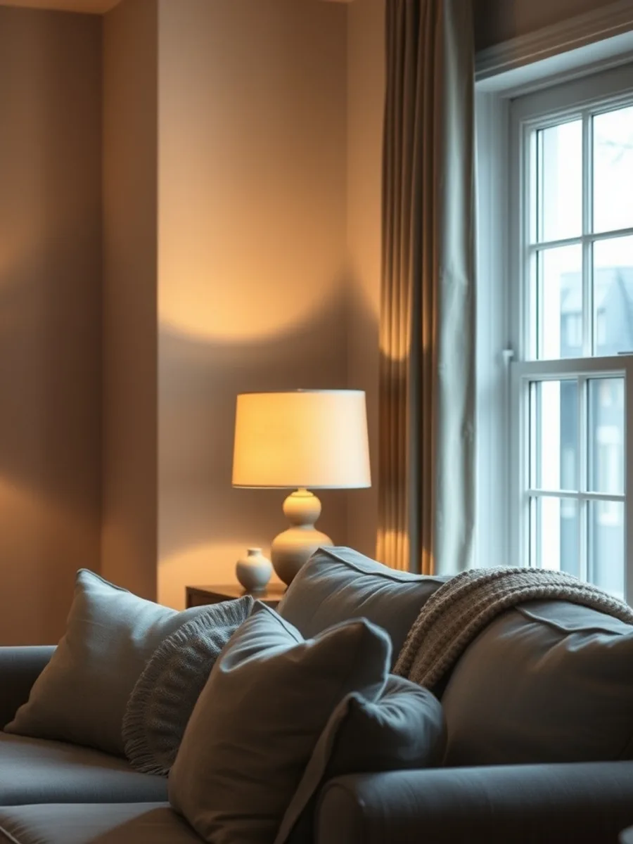Evening living room with a floor lamp in the corner, a table lamp beside a linen sofa, and a dimmed pendant overhead