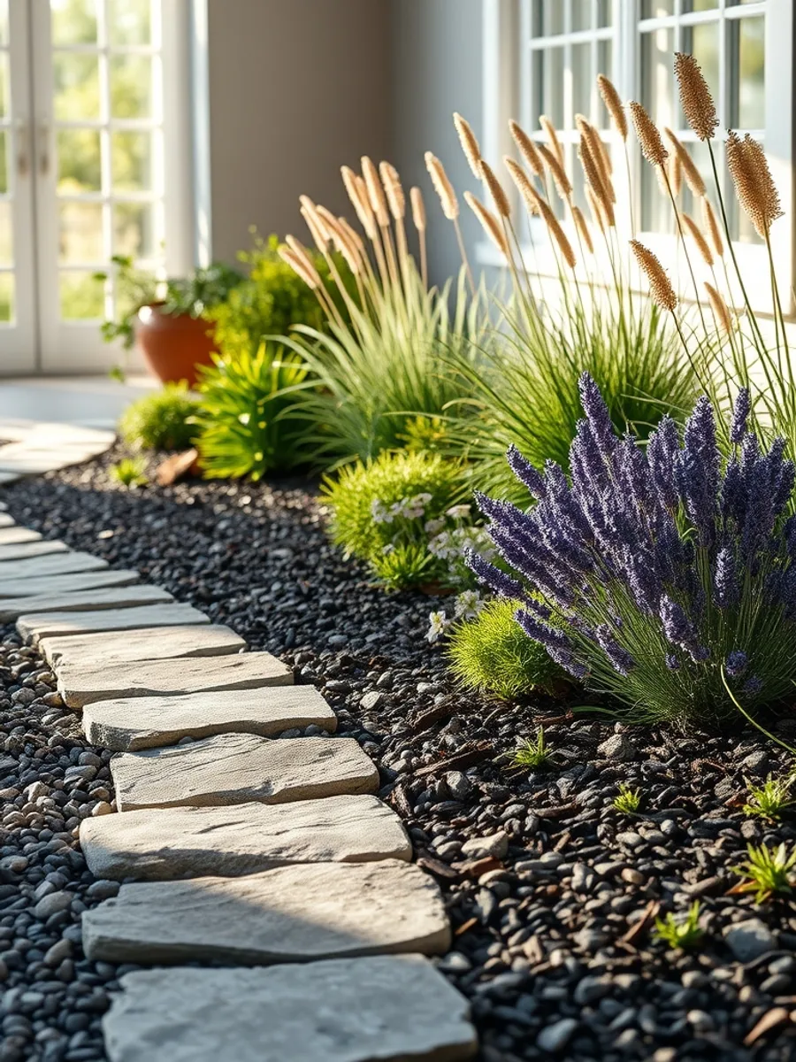 Gravel garden border with lavender, ornamental grasses, and sedum in full sun, mulch between plants and a stone path at the edge