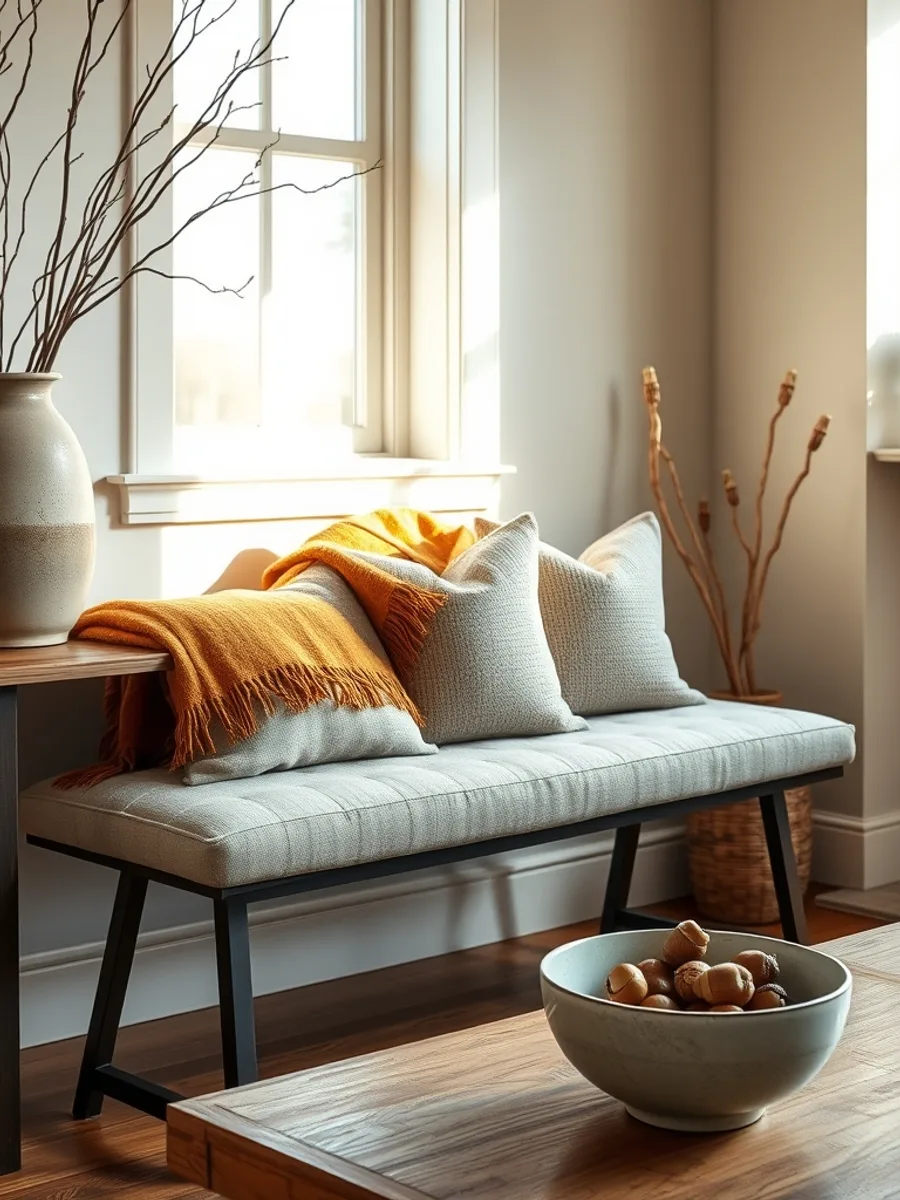 Living room console restyled for fall with dried branches in a stoneware vase, a wool throw, and two linen pillows
