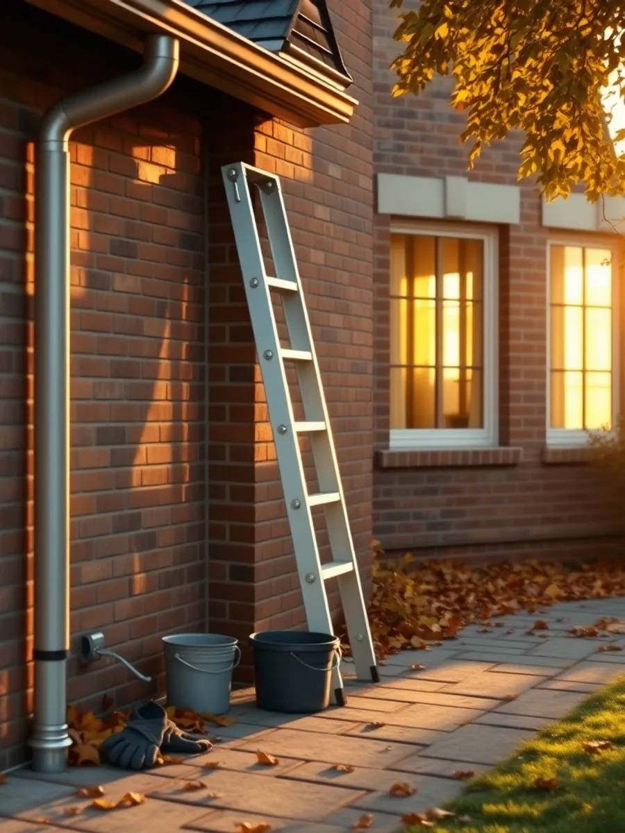 A homeowner checking a downspout by a brick house wall with a ladder and a bucket on the path.