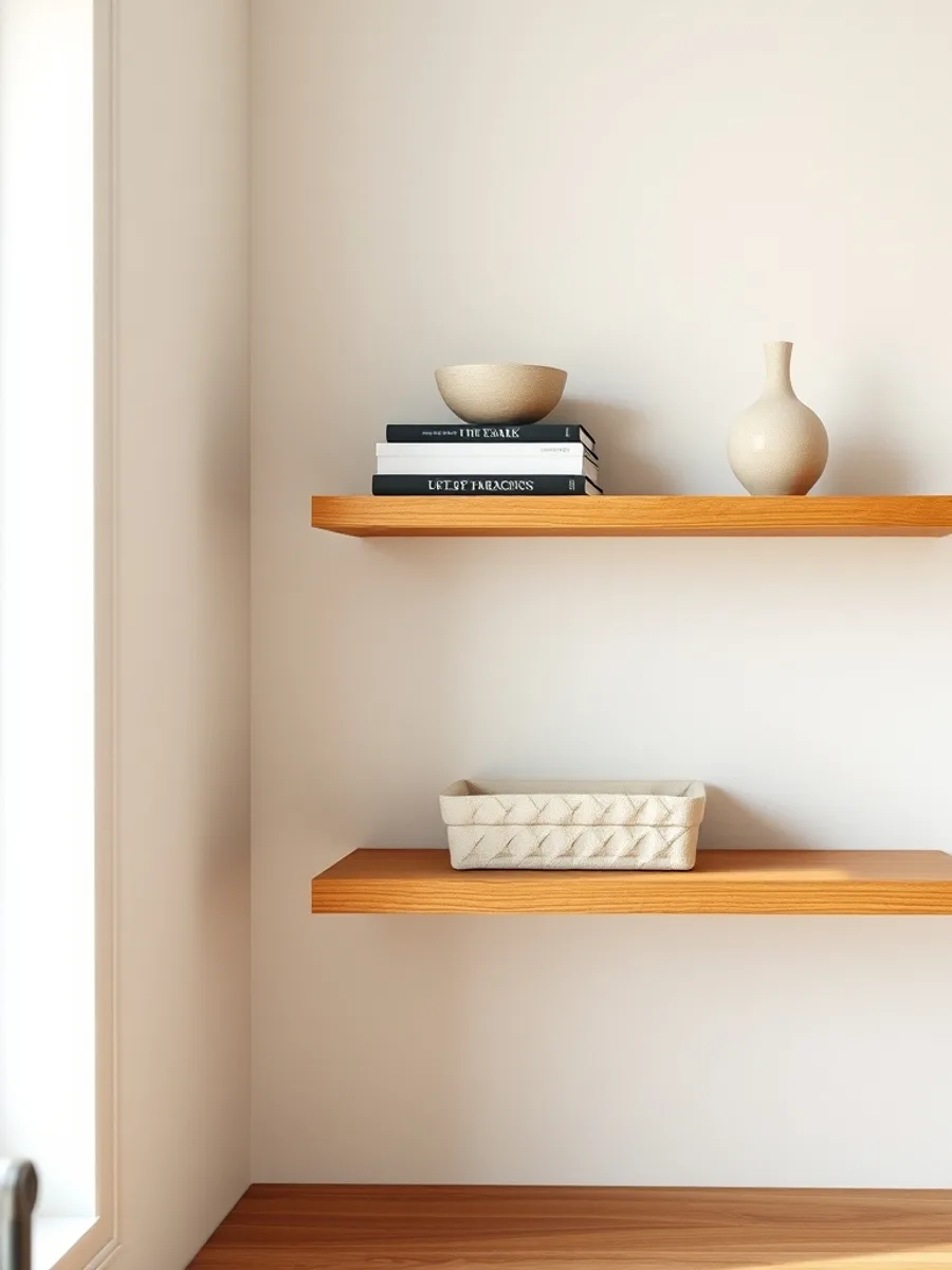 Two oak open shelves holding stacked books, a stoneware bowl, a small ceramic vase, and a linen box, against a white wall