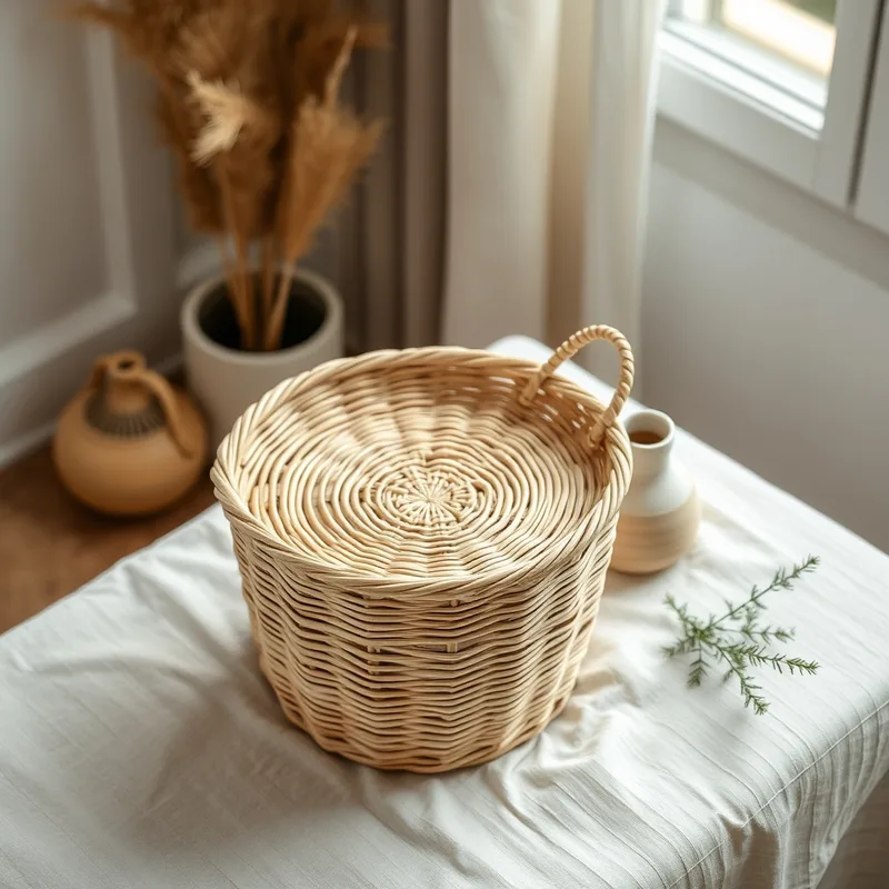 Woven storage basket styled in a home setting